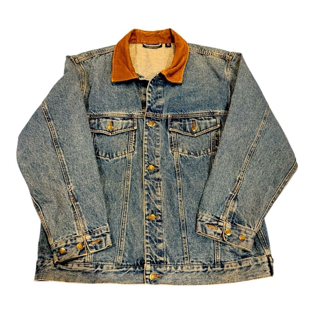 Vintage Dunbrooke 100% Cotton Denim Jacket with Brown Leather Collar Sz XL